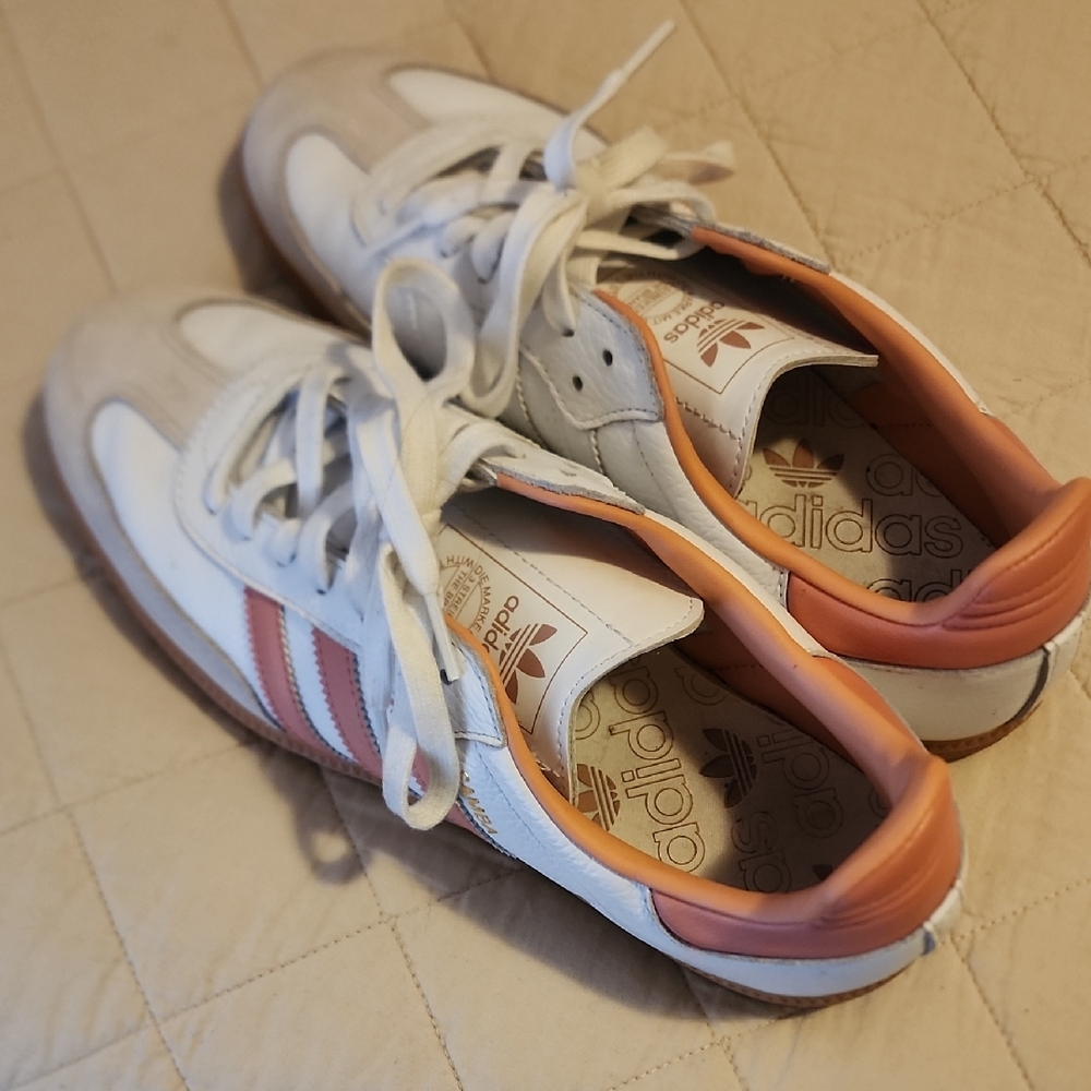 Adidas White and Peach Striped Sneakers